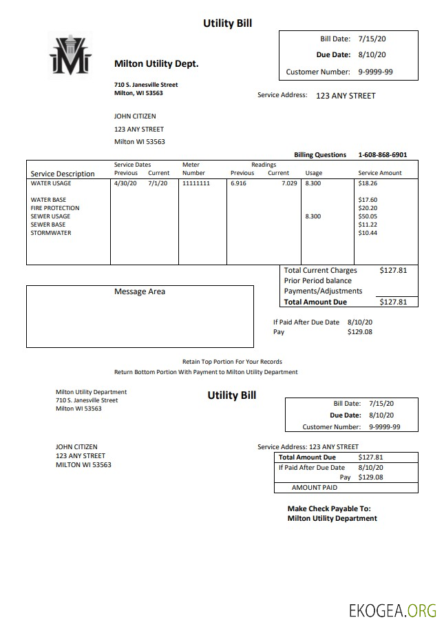 USA Massachusetts Milton Utility Dept water utility bill template in Word and PDF format